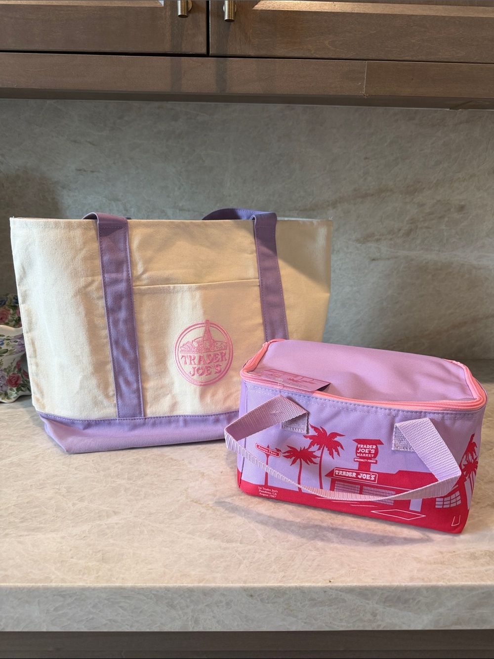 Trader Joe's Canvas Tote & Insulated Cooler - Lavender, Pink, Cream